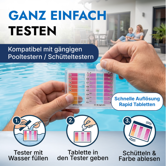 Hand gibt Tablette in Pooltester – Pool im Hintergrund